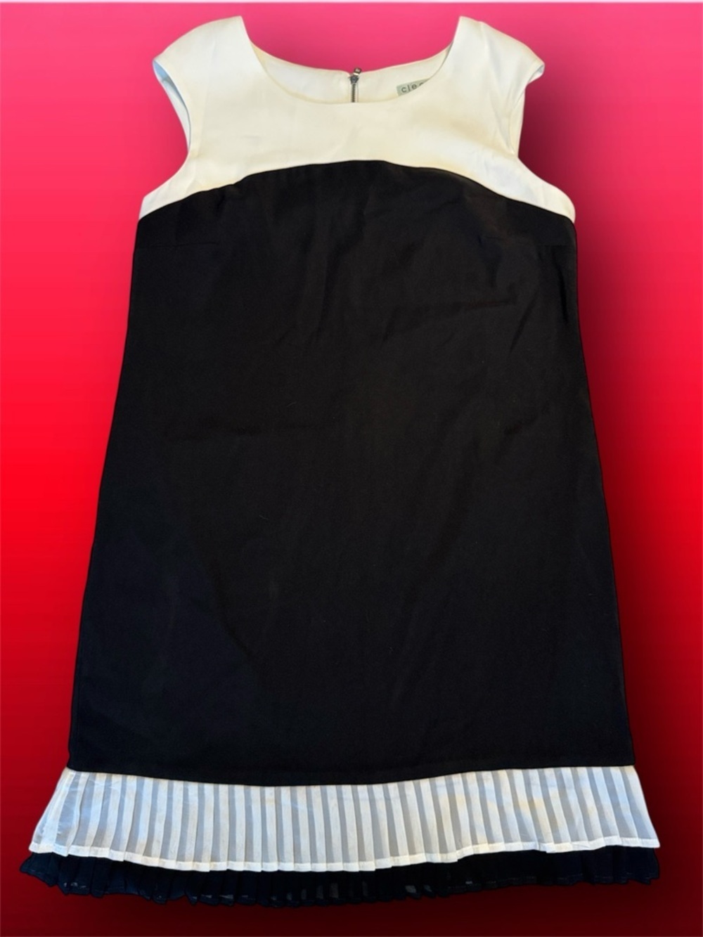 cleo Black and White Sleeveless Dress with Pleated Sheer Hem sz 12 Petite